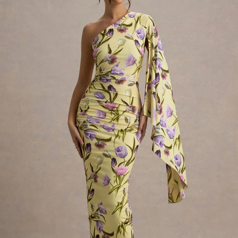 CLEMENTINA TULIP FLORAL PRINT ASYMMETRIC CAPE SLEEVE MAXI DRESS